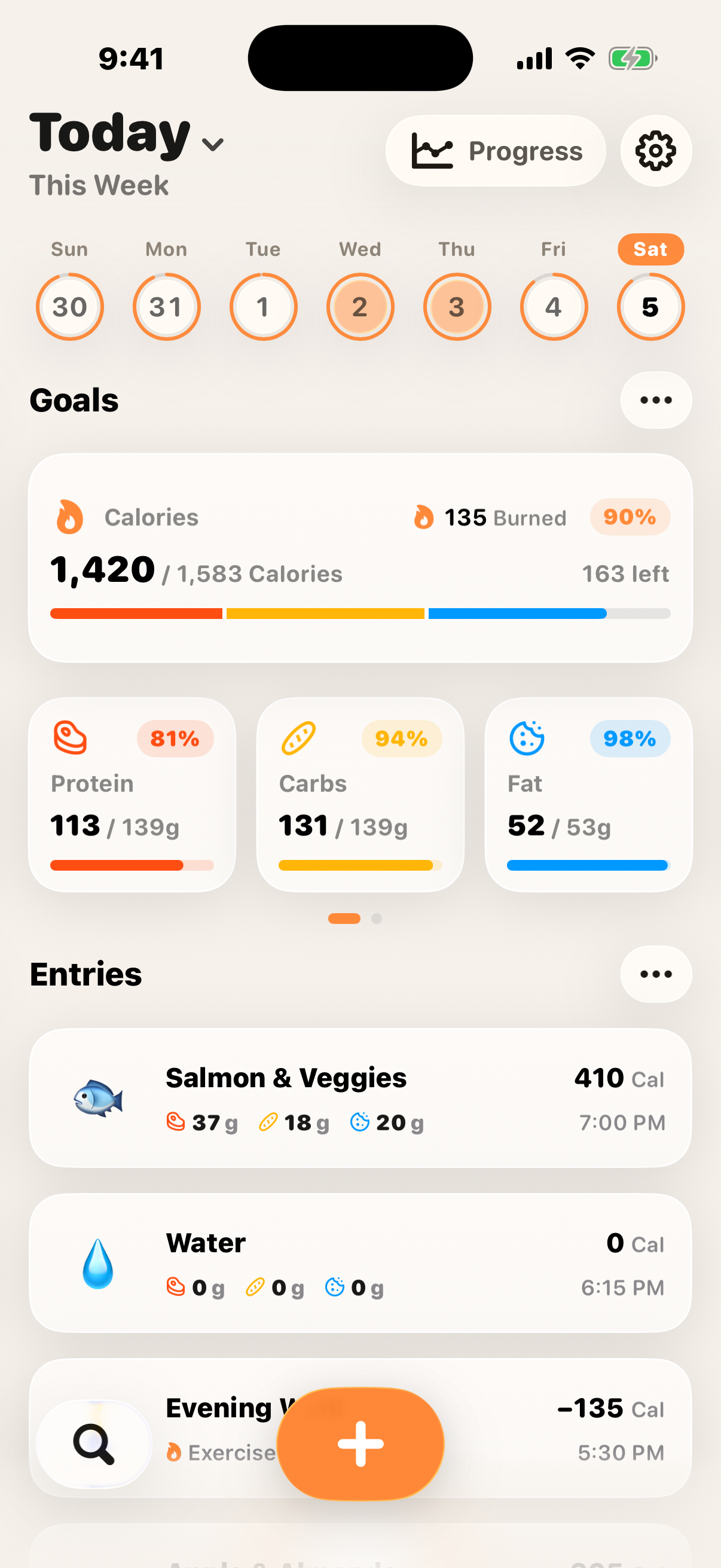 Zaad in English: daily calorie and nutrient goals, and meal entries